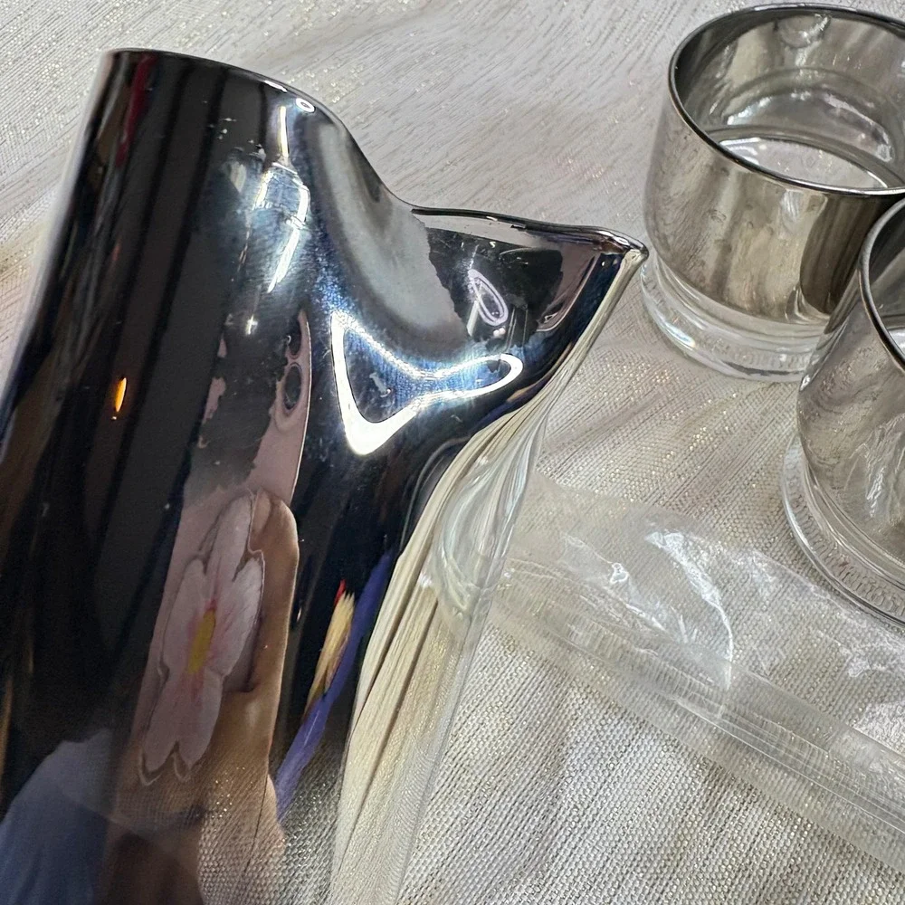 Vintage Silver Ombre Pitcher and Glasses Set Barware Cocktail Party